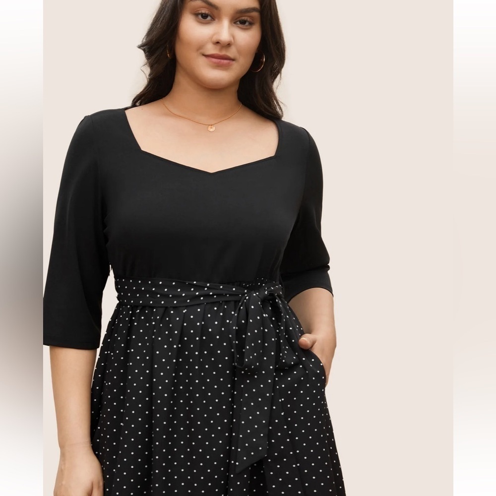 BloomChic Plus Size XL Polka Dot Patchwork Belted Square Neck Dress us14-16 - Picture 3 of 8